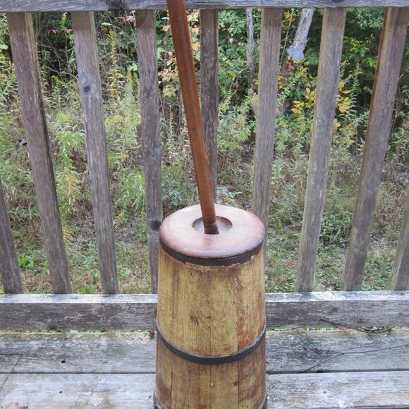 Antique Wooden Butter Churn with Dasher Primitive Farmhouse Off Grid Metal Bands - Picture 5 of 15